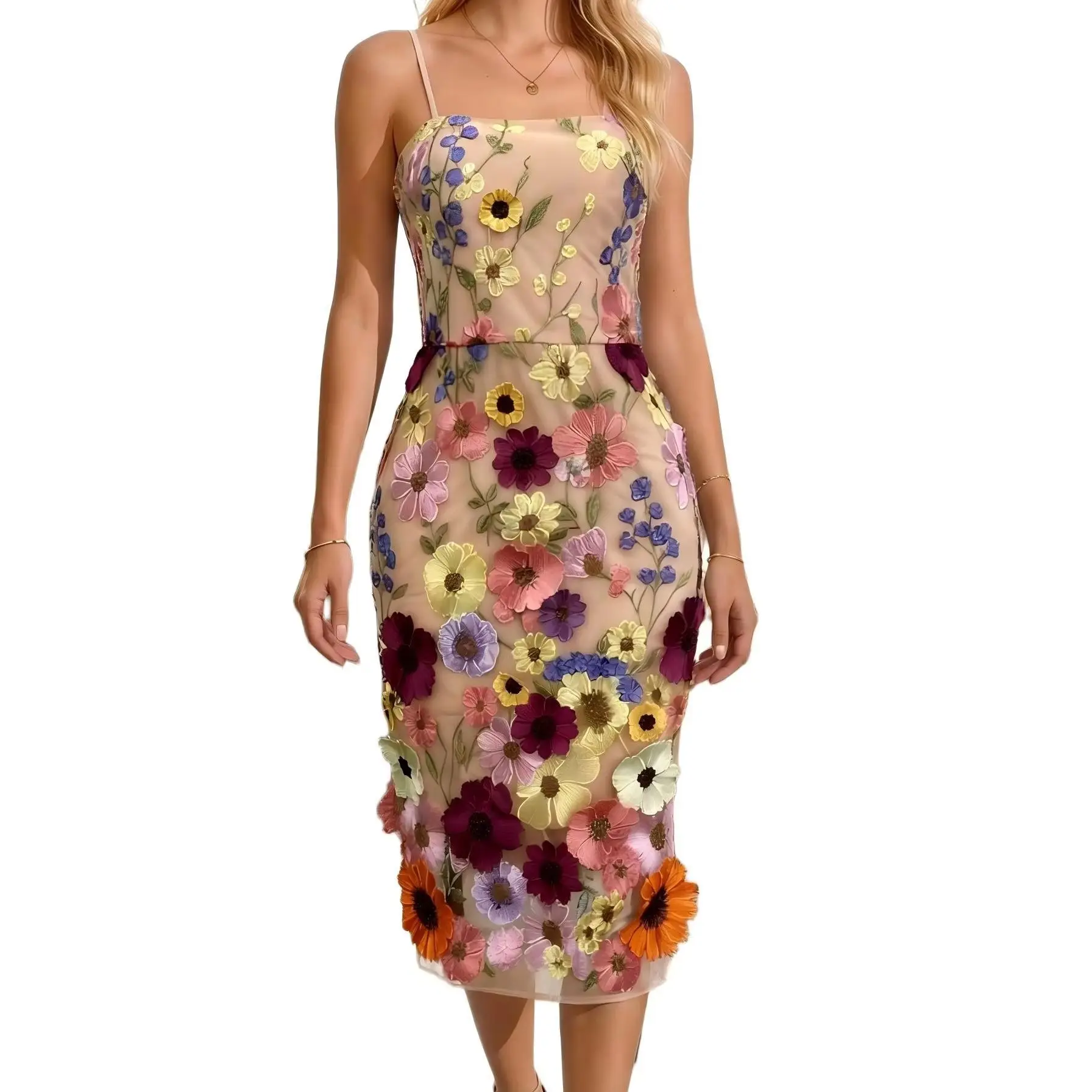 Women's Elegant 3D Floral Appliques Mesh Dress, Spaghetti Strap Sleeveless Bodycon Midi Dress for Vacation Party
Women's Elegant 3D Floral Appliques Mesh Dress, Spaghetti Strap Sleeveless Bodycon Midi Dress for Vacation Party