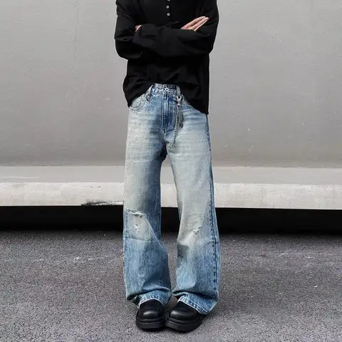 Retro ripped flared jeans men's cleanfit loose straight all-match trousers