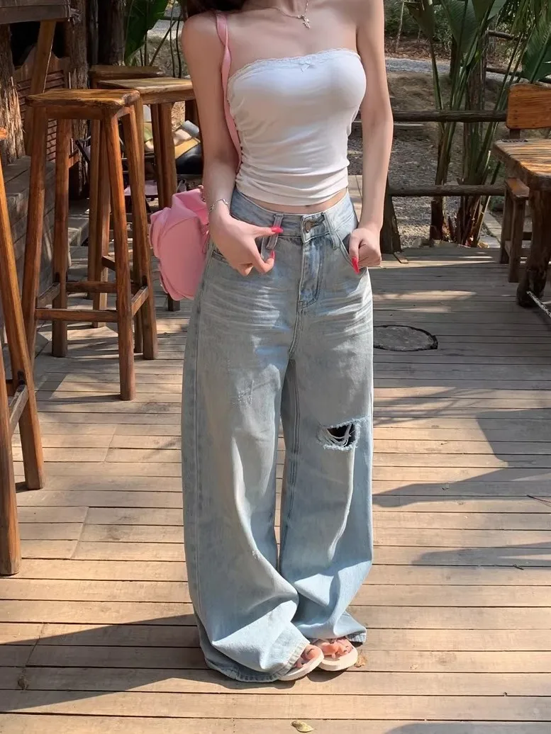Retro Blue Hole Denim Pants Women's Spring Versatile Loose Wide Leg Jeans Casual Style High Waist Button Closure Casual Jeans
Retro Blue Hole Denim Pants Women's Spring Versatile Loose Wide Leg Jeans Casual Style High Waist Button Closure Casual Jeans