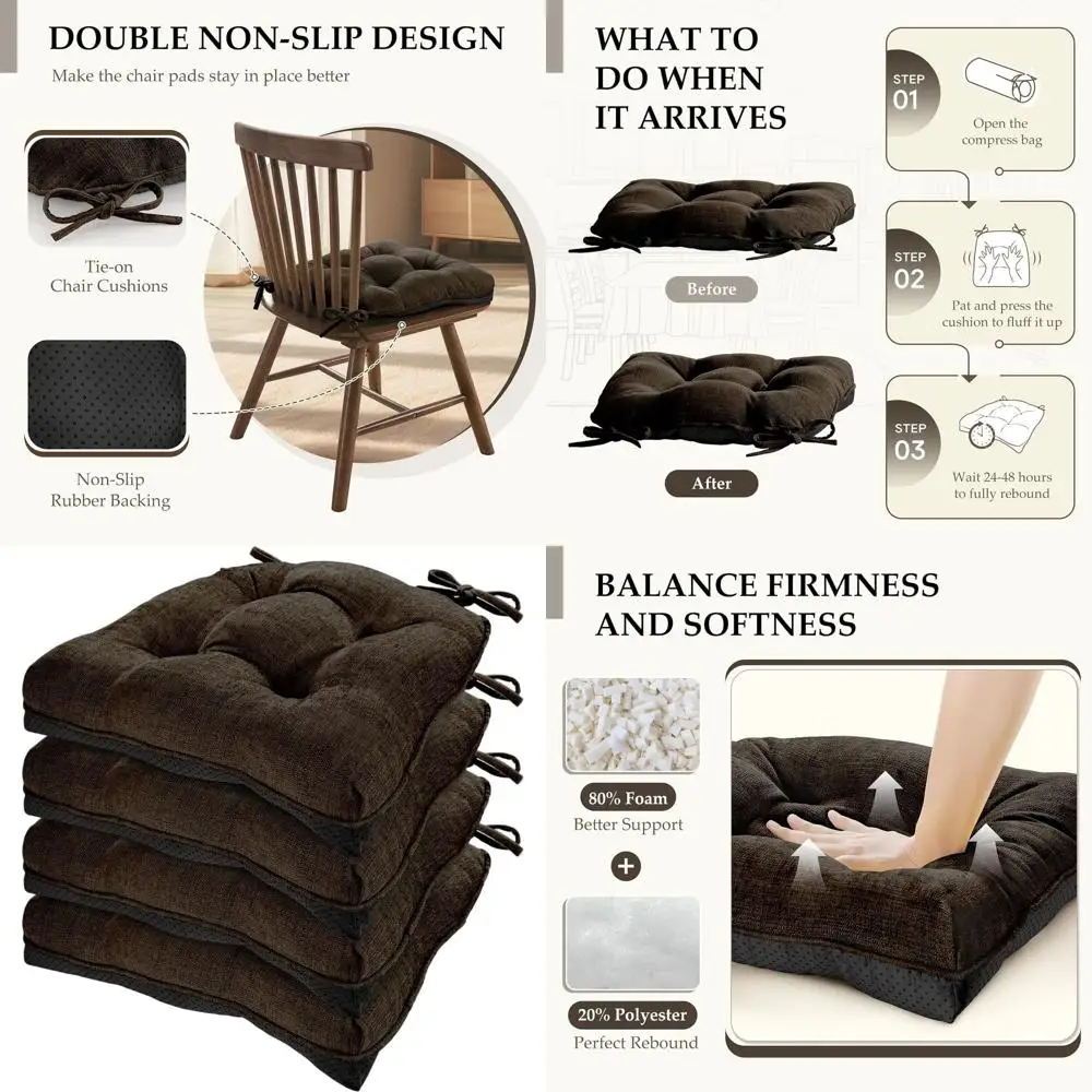 Set of 4 Tufted Chenille Kitchen Chair Cushions with Ties, Non-Slip Bottom, 17 x 17, Chocolate
Set of 4 Tufted Chenille Kitchen Chair Cushions with Ties, Non-Slip Bottom, 17 x 17, Chocolate