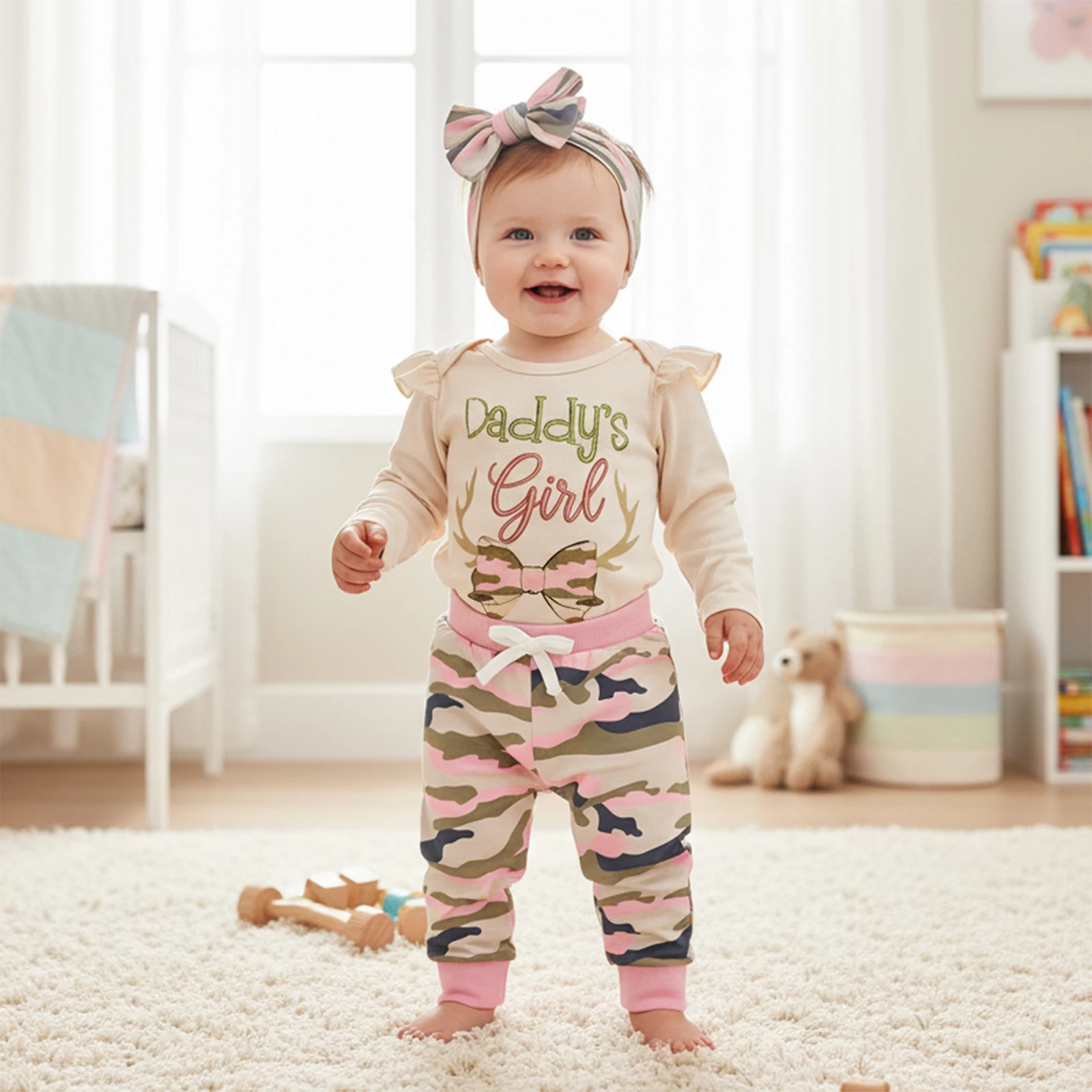 Baby Girl Fall Clothing Set Fashionable Long Sleeve Letters Embroidery Romper with Camouflage Pants and Headband 3Pcs Outfits
Baby Girl Fall Clothing Set Fashionable Long Sleeve Letters Embroidery Romper with Camouflage Pants and Headband 3Pcs Outfits