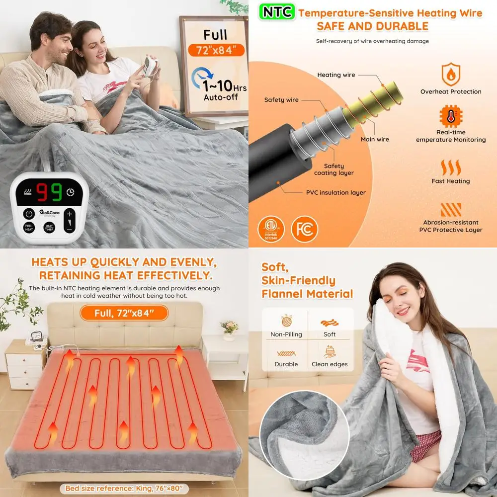 Полноразмерное электрическое фланелевое одеяло Mia & Coco — 72 x 84, 10 настройков температуры, автоматическое отключение в 10 часов, быстрое разогрев, перегрев
Полноразмерное электрическое фланелевое одеяло Mia & Coco — 72 x 84, 10 настройков температуры, автоматическое отключение в 10 часов, быстрое разогрев, перегрев