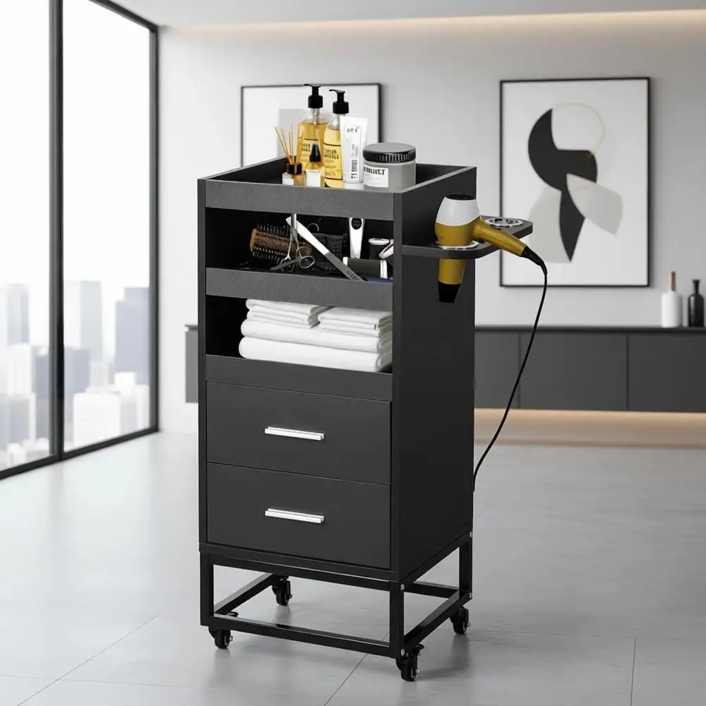 Portable Rolling Hair Cart with Lockable Wheels, 2 Drawers and 3 Tool Holders, Ideal for Beauty Salons and Barbershops, Black
Portable Rolling Hair Cart with Lockable Wheels, 2 Drawers and 3 Tool Holders, Ideal for Beauty Salons and Barbershops, Black