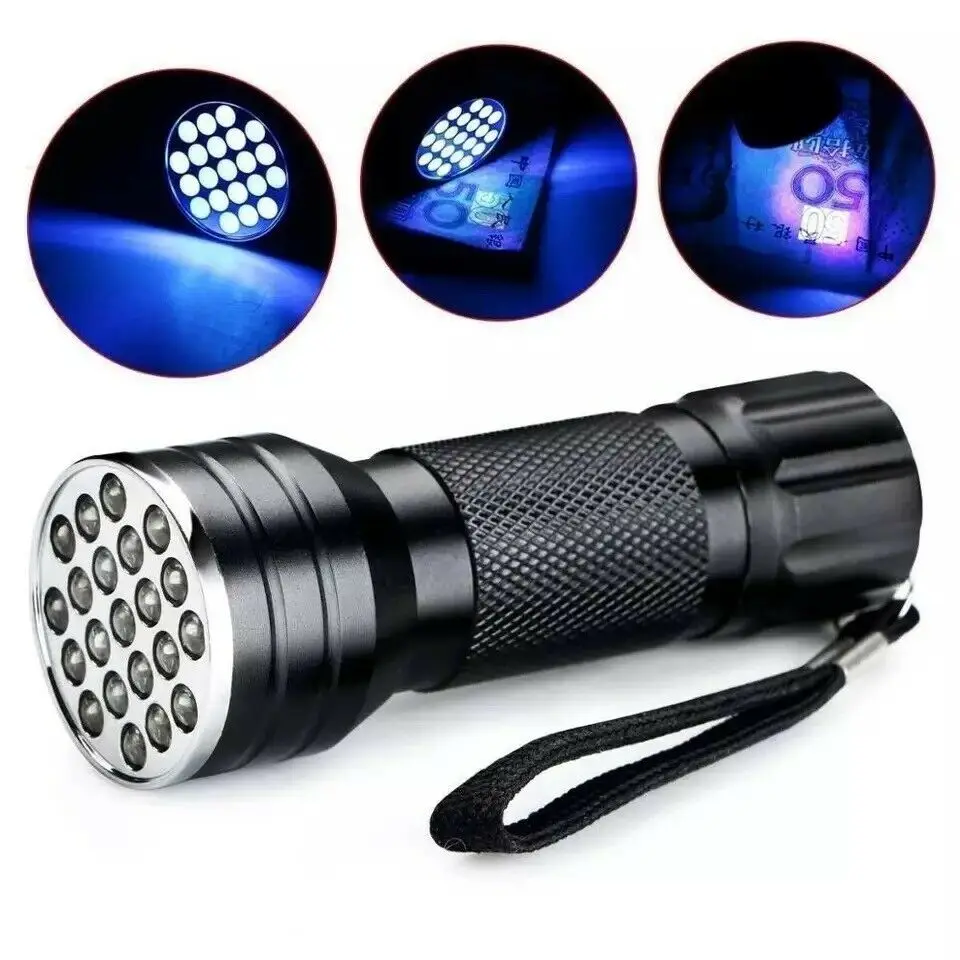 Mini 395nm UV Flashlight 21 LED Black Light Flashlight Ultraviolet LED Pet Urine Stains Detector
Mini 395nm UV Flashlight 21 LED Black Light Flashlight Ultraviolet LED Pet Urine Stains Detector