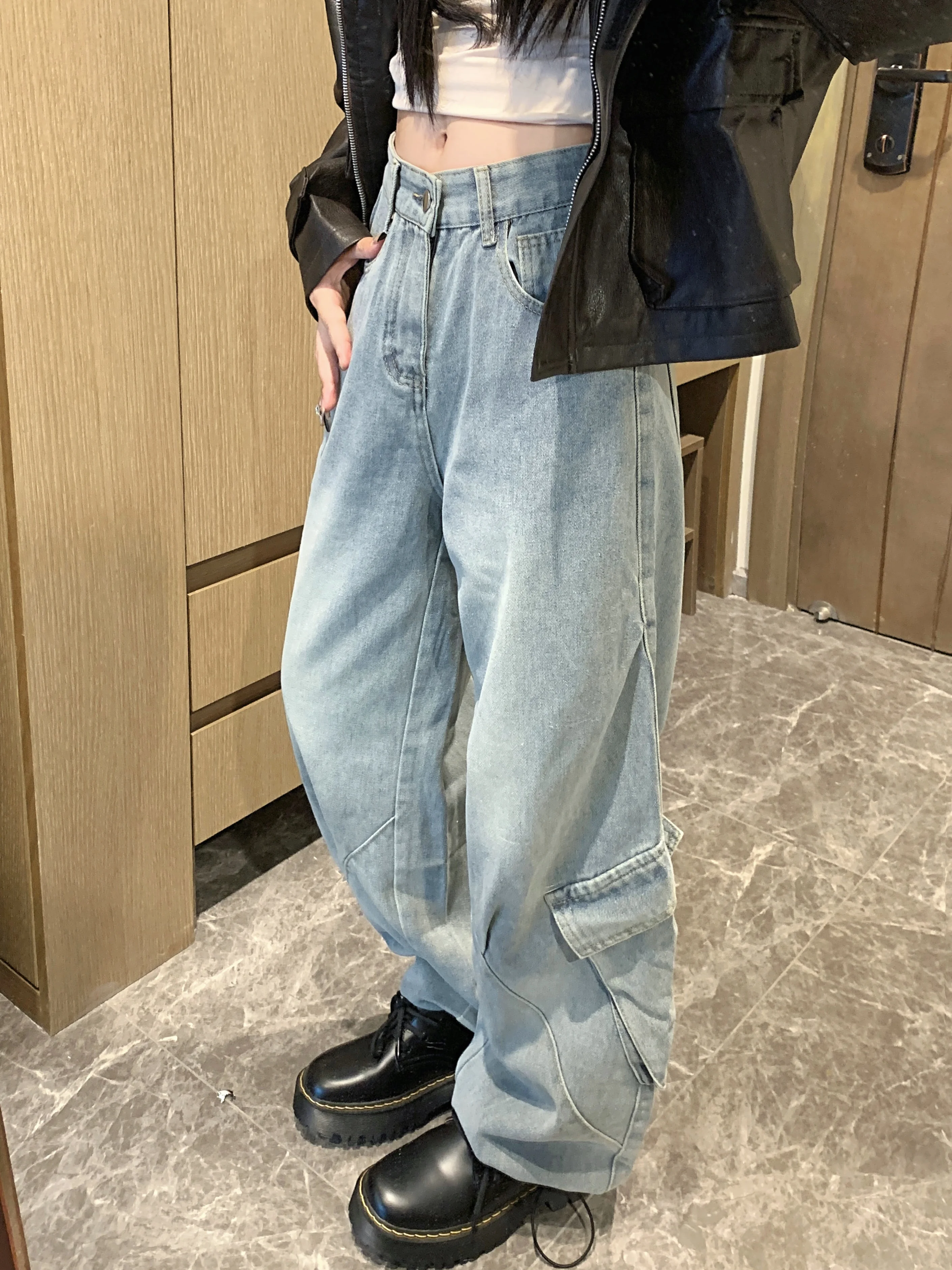 Винтажные потертые джинсы-карго на шнурке, широкие брюки унисекс, модные 
Винтажные потертые джинсы-карго на шнурке, широкие брюки унисекс, модные