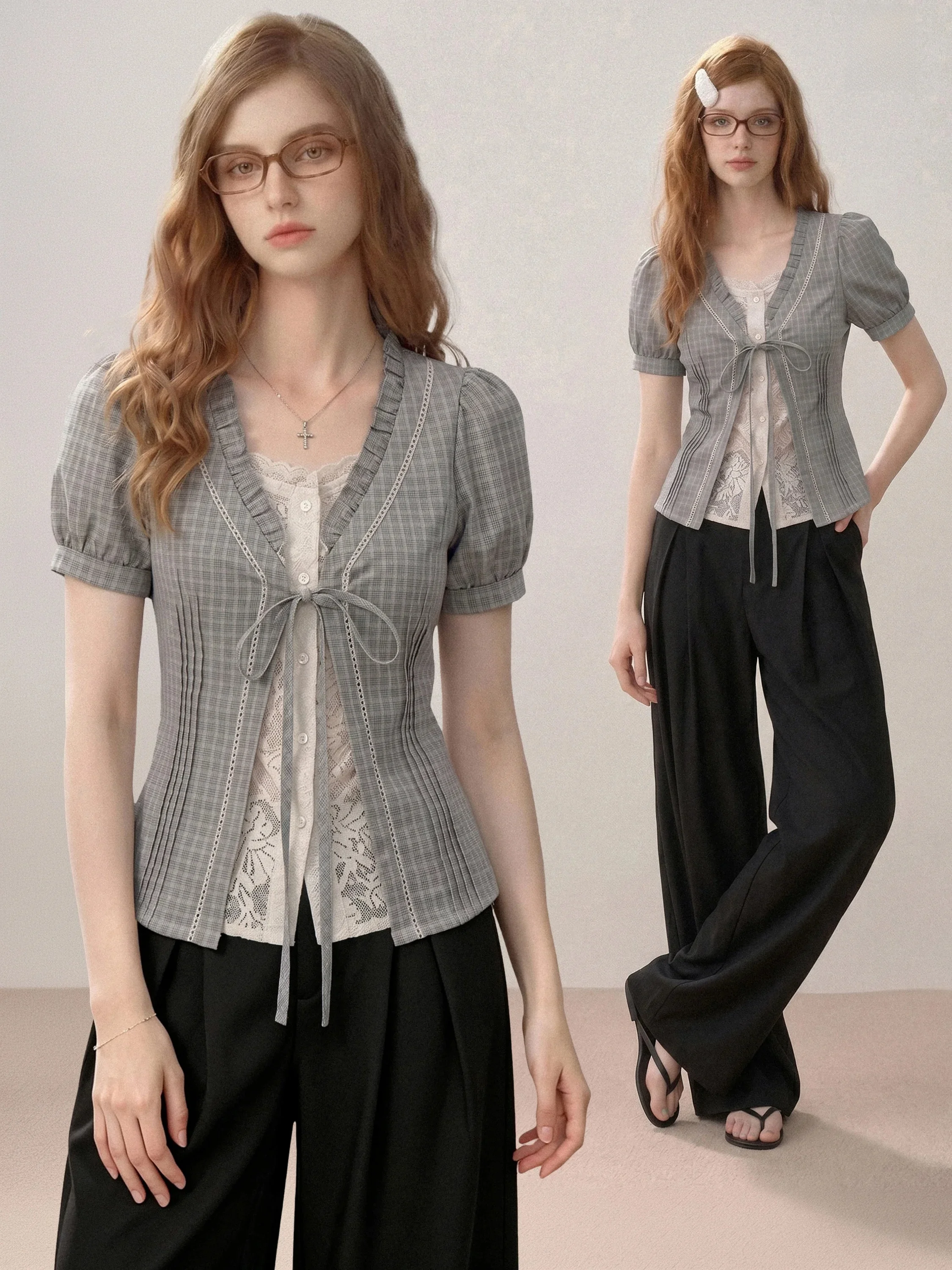 Retro Grey Waist-Cinching Short Sleeve Shirt Women's Summer Design Slim Fit Short Bubble Sleeve Top Korean Style Commute Wind
Retro Grey Waist-Cinching Short Sleeve Shirt Women's Summer Design Slim Fit Short Bubble Sleeve Top Korean Style Commute Wind