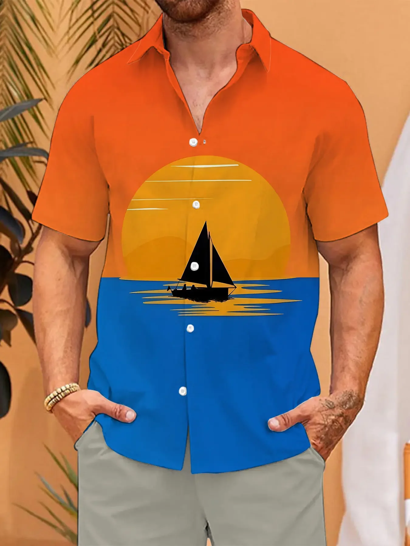 Men Sunset Sailboat Print Hawaiian Shirts Orange Blue Color Block Short Sleeve Button Down Casual Summer Beach Shirts
Men Sunset Sailboat Print Hawaiian Shirts Orange Blue Color Block Short Sleeve Button Down Casual Summer Beach Shirts
