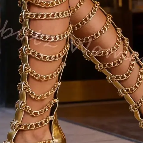 Metallic Gold Chain Women Sandal Sexy Multi Strap Cross Wrap Super High Thin Heels Round Toe Leather Fashion Elegant Concise New
Metallic Gold Chain Women Sandal Sexy Multi Strap Cross Wrap Super High Thin Heels Round Toe Leather Fashion Elegant Concise New