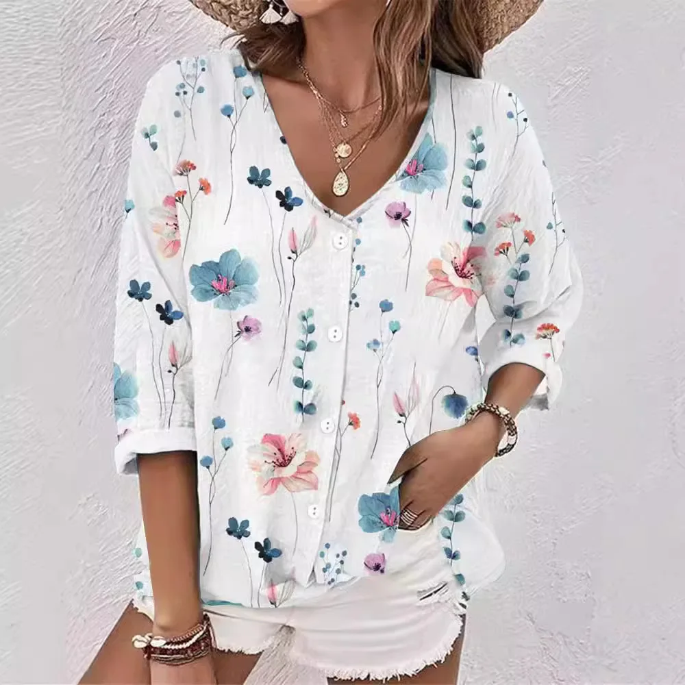 New 2025 Women's T-shirt V-neck Button Chiffon Long-sleeved Fashion Elegant Printed Cardigan Tees for Female
New 2025 Women's T-shirt V-neck Button Chiffon Long-sleeved Fashion Elegant Printed Cardigan Tees for Female