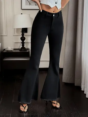 Miss Curvy Flare Bootcut Denim Pants Women Casual Stretch Clothing High Rise Raw Hem Retro Look Jeans Fashionable Evening Outfit