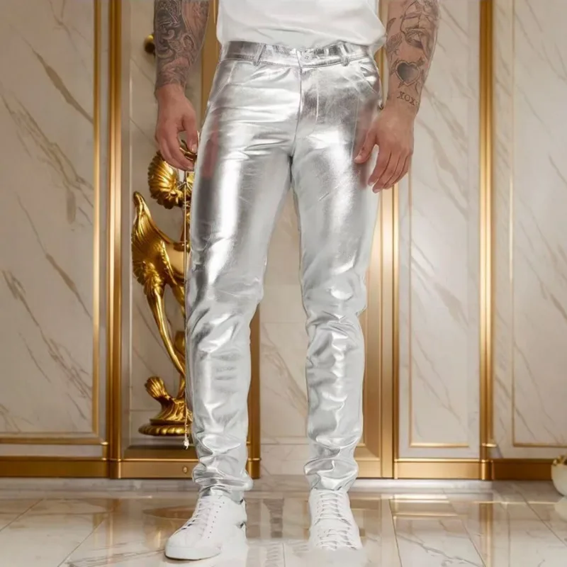 Men's Shiny Metallic Gold Skinny Pants Slim Fit Stretch Trousers with Ankle Zipper for Party
Men's Shiny Metallic Gold Skinny Pants Slim Fit Stretch Trousers with Ankle Zipper for Party