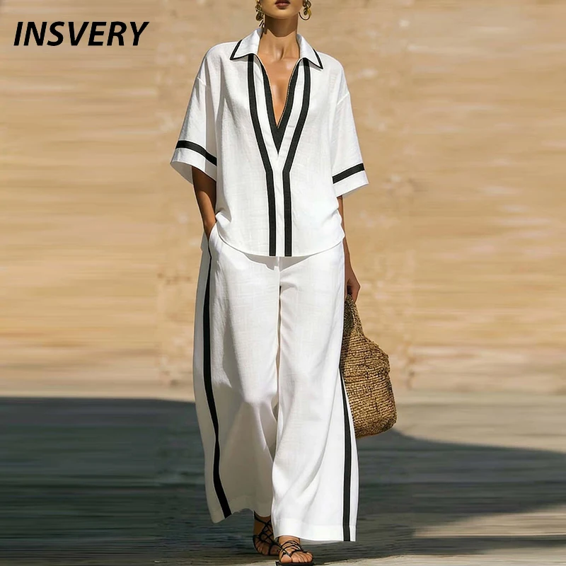 Women's Summer Fashion Two Piece Set Contrasting Color Short Sleeve Lapel Shirt Wide Leg Pants Suit Women Casual Loose Outfits
Women's Summer Fashion Two Piece Set Contrasting Color Short Sleeve Lapel Shirt Wide Leg Pants Suit Women Casual Loose Outfits