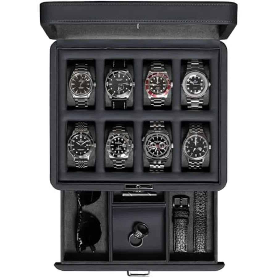 8 Slot Leather Watch Box with Valet Drawer - Luxury Case Display Jewelry Organizer, Locking Display Case Holder with Real Glass
8 Slot Leather Watch Box with Valet Drawer - Luxury Case Display Jewelry Organizer, Locking Display Case Holder with Real Glass
