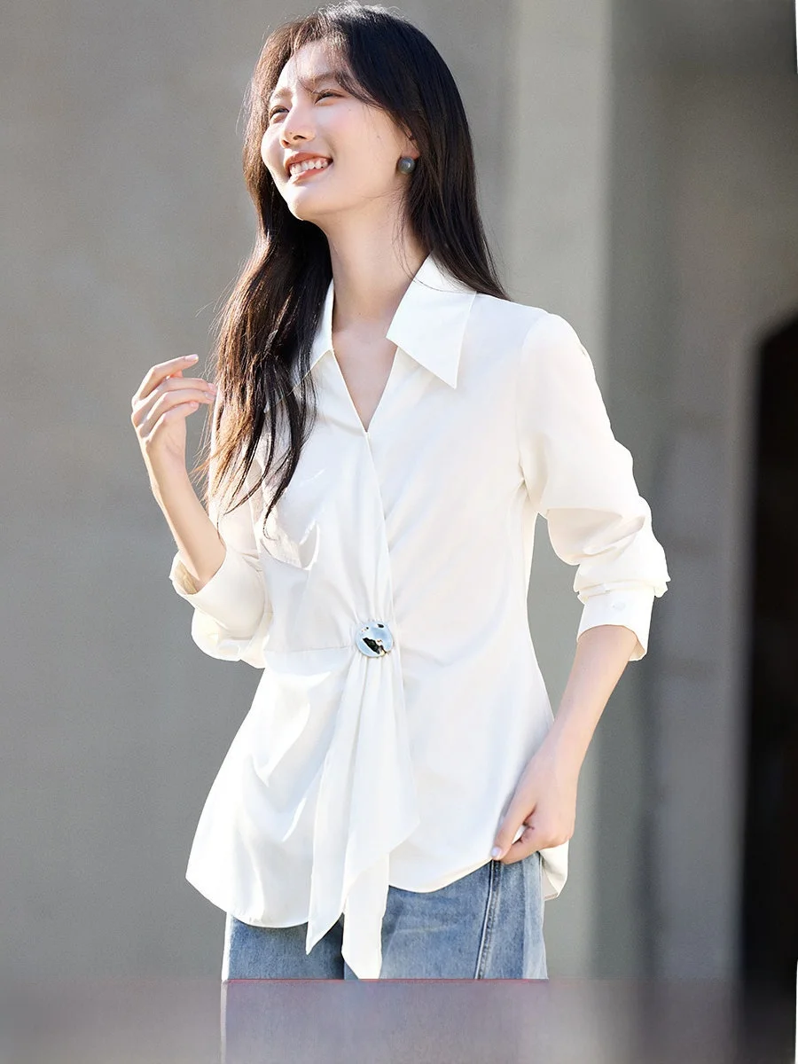 Ele Slimming White irt Women's Spring Stand Trim Pleated Waist Cinching irt XWI Regular Sve Long Sve Color
Ele Slimming White irt Women's Spring Stand Trim Pleated Waist Cinching irt XWI Regular Sve Long Sve Color