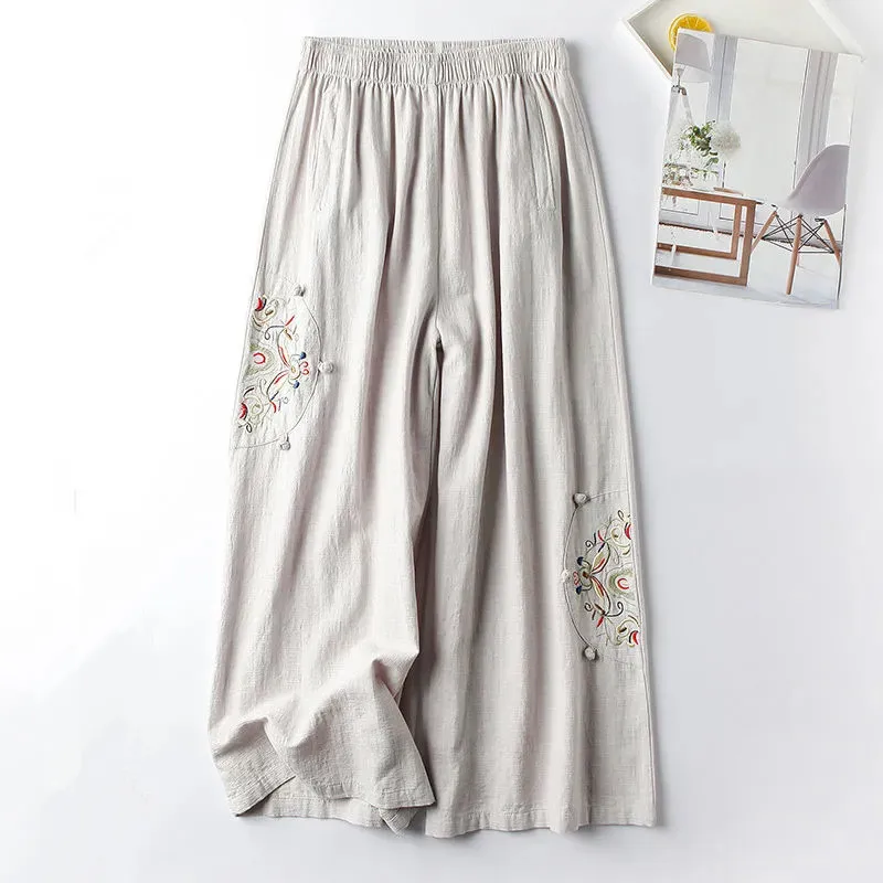 Cotton Linen Casual Pants Women Spring Summer Retro Ethnic Style Embroidery loose Wide Leg Cropped Pants s592
Cotton Linen Casual Pants Women Spring Summer Retro Ethnic Style Embroidery loose Wide Leg Cropped Pants s592