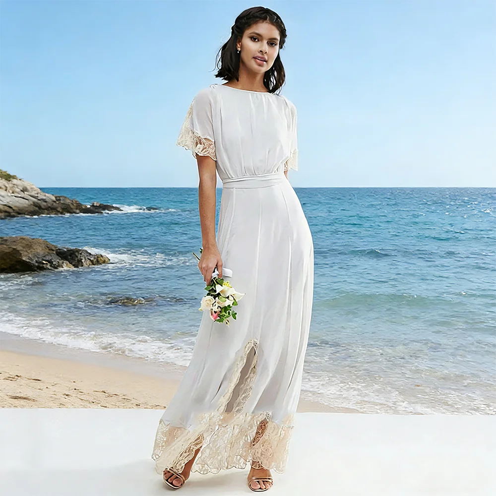 Simple O-neck Short Sleeve Mother of The Bride Dresses Customized Chiffon A-line Ankle Length Hem Lace Dres with Adjustable Sash
Simple O-neck Short Sleeve Mother of The Bride Dresses Customized Chiffon A-line Ankle Length Hem Lace Dres with Adjustable Sash
