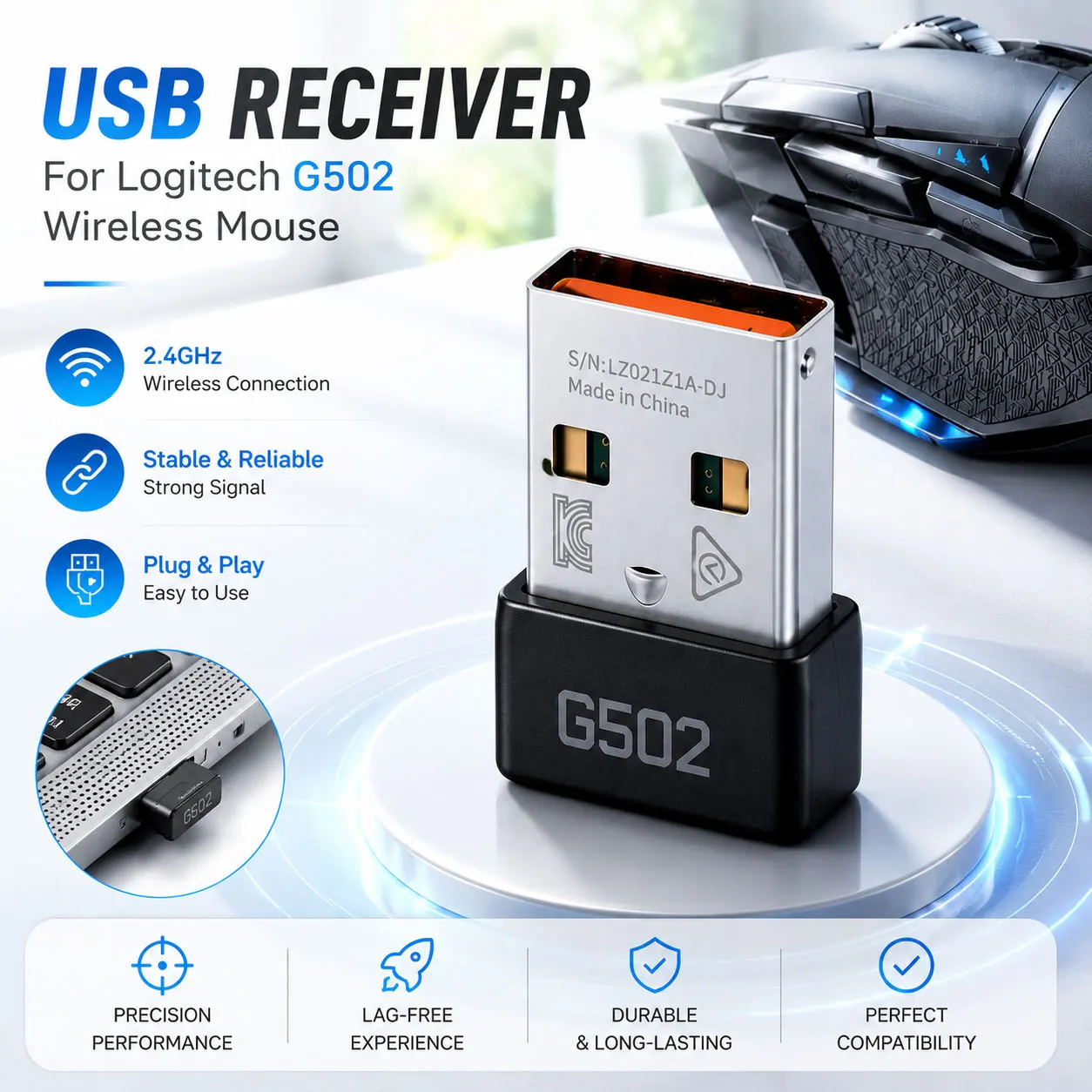 For Logitech G502 USB Dongle - 2.4GHz Mouse Receiver Plug Adapter , Wireless Gaming Mouse Replacement Accessories,Small Portable
For Logitech G502 USB Dongle - 2.4GHz Mouse Receiver Plug Adapter , Wireless Gaming Mouse Replacement Accessories,Small Portable