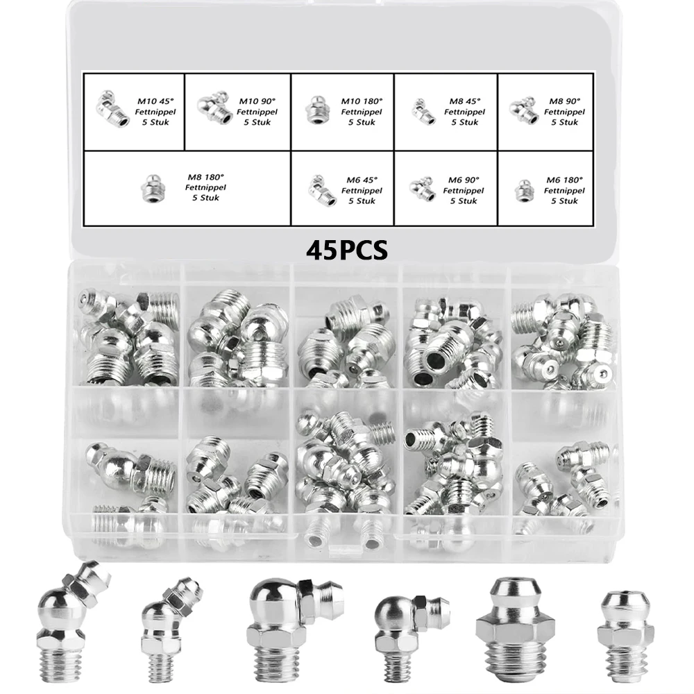 45/60PCS Metric Grease Fitting Kit Galvanized Hydraulic Grease Zerk Assortment Set M6 M8 M10 Nozzle for Vehicle Car Truck
45/60PCS Metric Grease Fitting Kit Galvanized Hydraulic Grease Zerk Assortment Set M6 M8 M10 Nozzle for Vehicle Car Truck