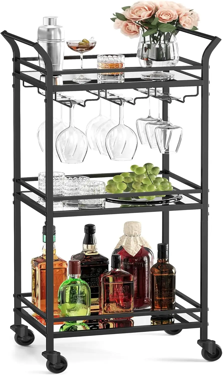 Компактная трехъярусная барная тележка с зеркальными стеклянными полками, винными держателями и колесами для небольших помещений черного цвета.
Компактная трехъярусная барная тележка с зеркальными стеклянными полками, винными держателями и колесами для небольших помещений черного цвета.