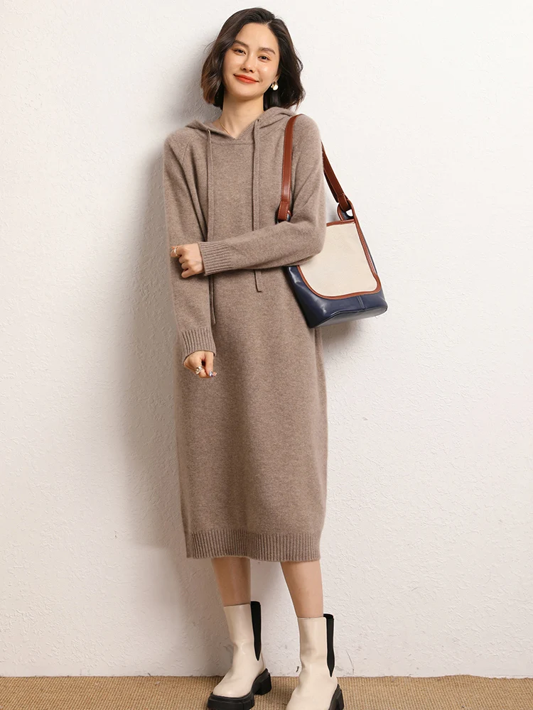 Women's Thick Mid-Length Hooded 100% Cashmere knitted Dress Autumn Winter Soft Warm Sports Sweater Casual Loose Pullover Fashion
Women's Thick Mid-Length Hooded 100% Cashmere knitted Dress Autumn Winter Soft Warm Sports Sweater Casual Loose Pullover Fashion