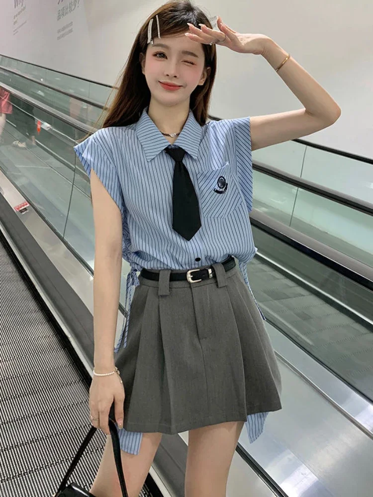 Summer Preppy Women's Skirts Set Korean Drawstring Sleeveless Striped Shirt Luxury Elegant High Waist Pleated Skirt 2 Piece Set
Summer Preppy Women's Skirts Set Korean Drawstring Sleeveless Striped Shirt Luxury Elegant High Waist Pleated Skirt 2 Piece Set