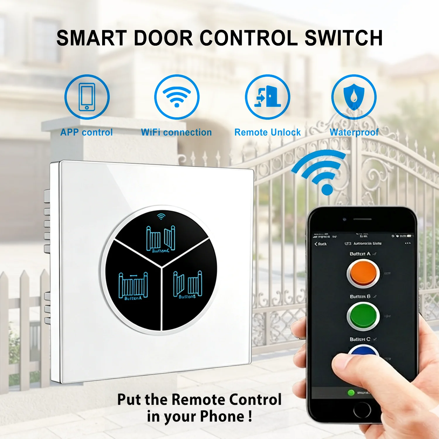 WiFi Smart Touch Panel Switch, 2000W, 2.4GHz, WPA2-PSK, APP Remote Control for Automatic Garage Door Opener Gate
WiFi Smart Touch Panel Switch, 2000W, 2.4GHz, WPA2-PSK, APP Remote Control for Automatic Garage Door Opener Gate
