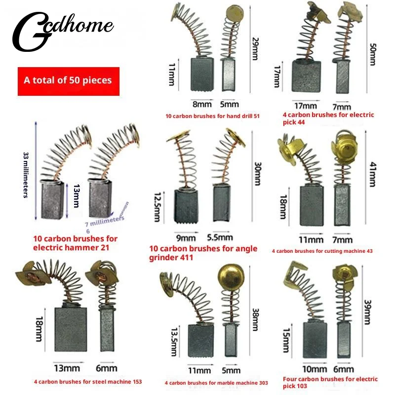 Carbon Brushes 50Pcs Set Electric Motor Compatible 8 Models Universal for Electric Hammer Power Tool Workshop Repair
Carbon Brushes 50Pcs Set Electric Motor Compatible 8 Models Universal for Electric Hammer Power Tool Workshop Repair