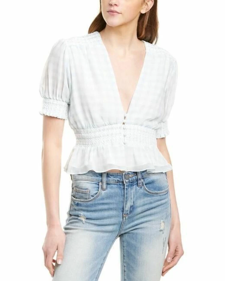 Blue White Grid Deep V Design Gathered Detail Blouse Bubble Sleeve Shirt Commute Style Short Sleeve Regular Length
Blue White Grid Deep V Design Gathered Detail Blouse Bubble Sleeve Shirt Commute Style Short Sleeve Regular Length