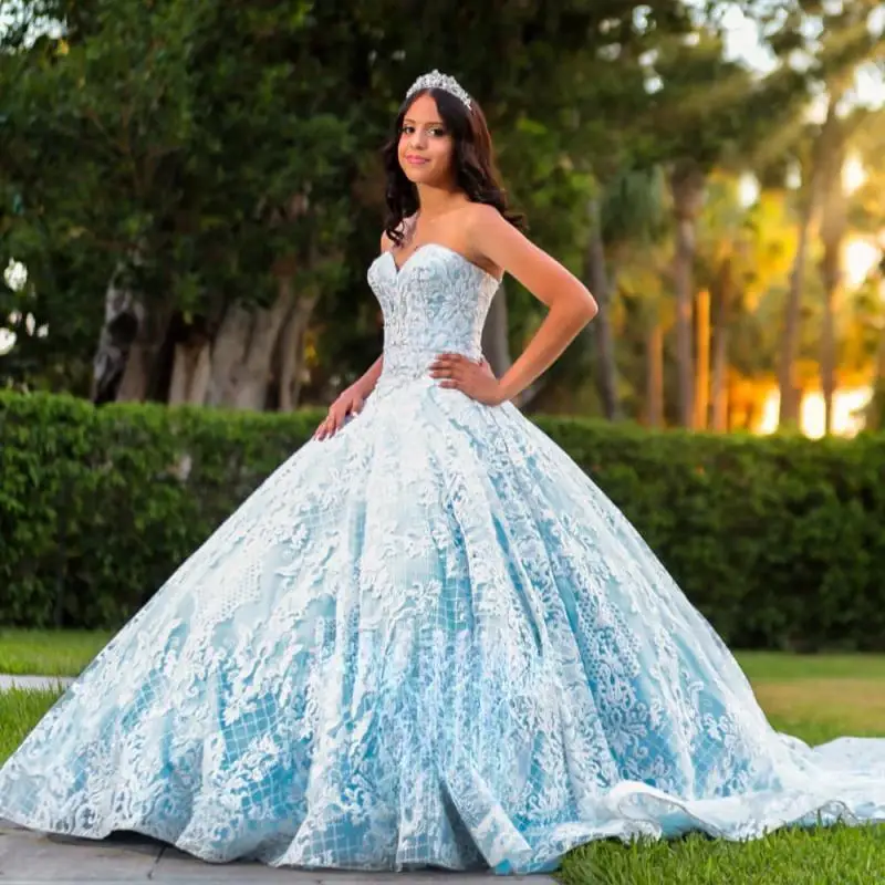 Customized Baby Blue Lace Appliques Quinceanera Dresses for Girls Sweetheart Strapless Vestido De 15 Quinceaneras Morado
Customized Baby Blue Lace Appliques Quinceanera Dresses for Girls Sweetheart Strapless Vestido De 15 Quinceaneras Morado