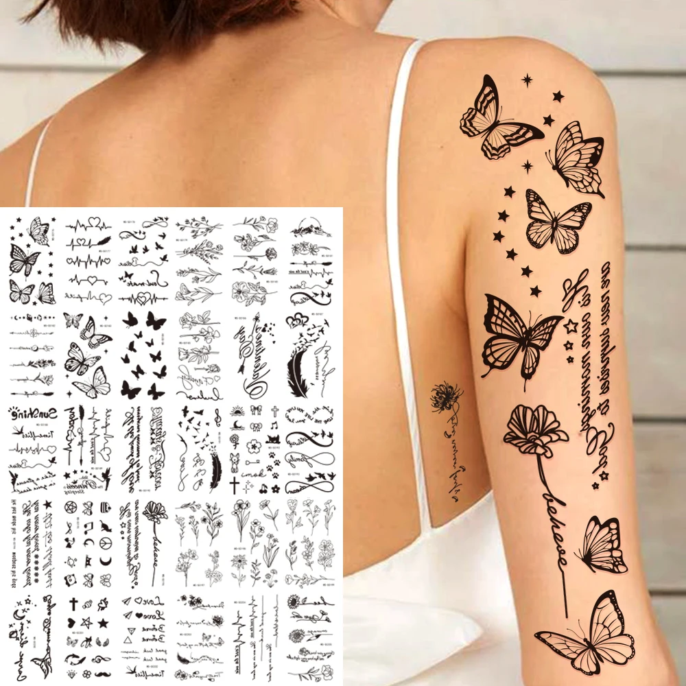 30/35pcs Black Hollow Butterfly Letter Tattoo Sticker Set Lace ECG Flowers Sexy Body Tattoos Decals Punk Temporary Body Decorati
30/35pcs Black Hollow Butterfly Letter Tattoo Sticker Set Lace ECG Flowers Sexy Body Tattoos Decals Punk Temporary Body Decorati