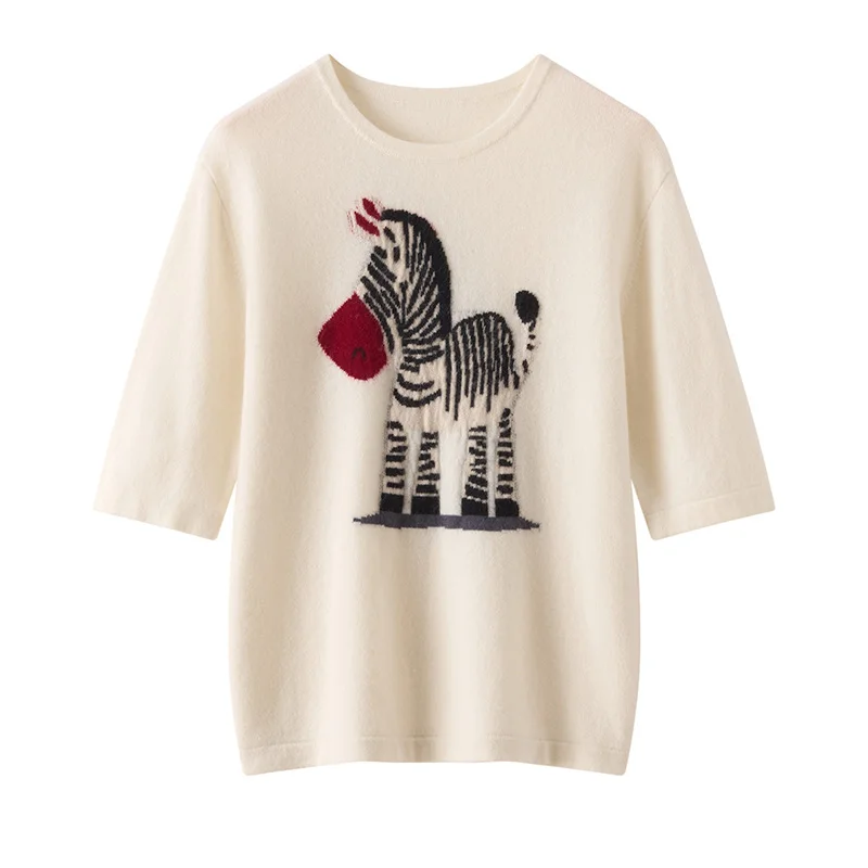 Spring and Summer 100% Pure Cashmere Women'S Round Neck Short Sleeve Embroidered Pony Knit Loose Fashionable Base Shirt T-Shirt
Spring and Summer 100% Pure Cashmere Women'S Round Neck Short Sleeve Embroidered Pony Knit Loose Fashionable Base Shirt T-Shirt
