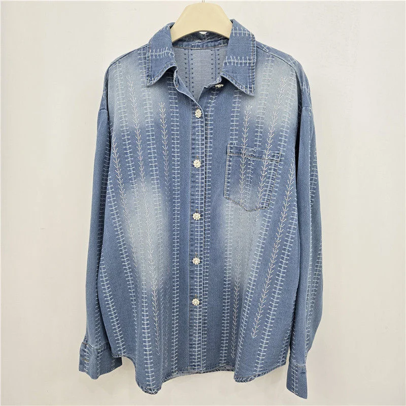 Fashion Rhinestone Solid Color Denim Shirt Jacket Spring Autumn Loose Lapel Single-Breasted Long Sleeve Female Jeans Jacket Coat
Fashion Rhinestone Solid Color Denim Shirt Jacket Spring Autumn Loose Lapel Single-Breasted Long Sleeve Female Jeans Jacket Coat