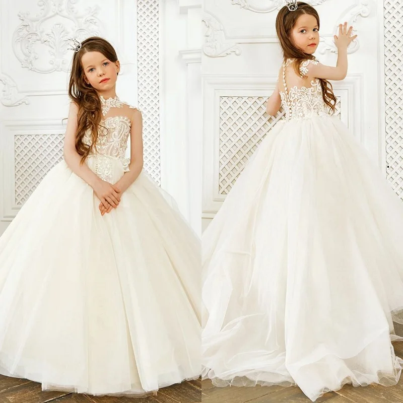 Elegant White High Neck Flower Girl Dresses For Wedding Lace Appliques Cap Sleeves Princess Formal Party First Communion Gowns
Elegant White High Neck Flower Girl Dresses For Wedding Lace Appliques Cap Sleeves Princess Formal Party First Communion Gowns