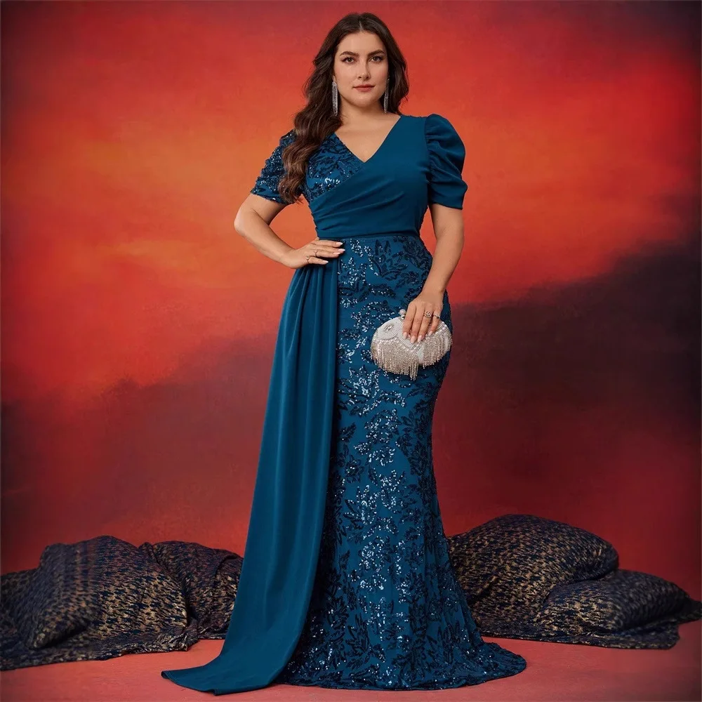 Teal Plus Size Mother of Bride Mermaid Gown V Neck Bubble Short Sleeve Floral Sequin Mesh Side Chiffon Drape Train Skirt
Teal Plus Size Mother of Bride Mermaid Gown V Neck Bubble Short Sleeve Floral Sequin Mesh Side Chiffon Drape Train Skirt