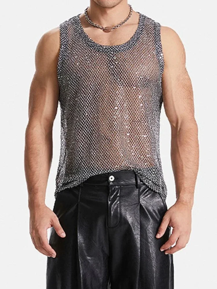Mens Sheer Mesh Clubwear Sequins Vest Glitter Party Stage Performance Outfits Sexy Gay Hollow out Nightclub Top Edgy Partywear
Mens Sheer Mesh Clubwear Sequins Vest Glitter Party Stage Performance Outfits Sexy Gay Hollow out Nightclub Top Edgy Partywear