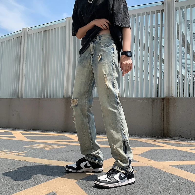 American Style Thin Hole Denim Jeans Men Summer Trendy High Street Washed Split Straight Leg Wide Leg Casual Long Pants
American Style Thin Hole Denim Jeans Men Summer Trendy High Street Washed Split Straight Leg Wide Leg Casual Long Pants
