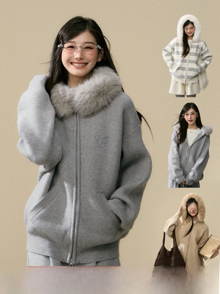 ELEVEN SP Autumn Winter ey Hooded Knit Cardigan Women's Sle Korean Aosphere Warmth Fur Collar Outerwear
ELEVEN SP Autumn Winter ey Hooded Knit Cardigan Women's Sle Korean Aosphere Warmth Fur Collar Outerwear