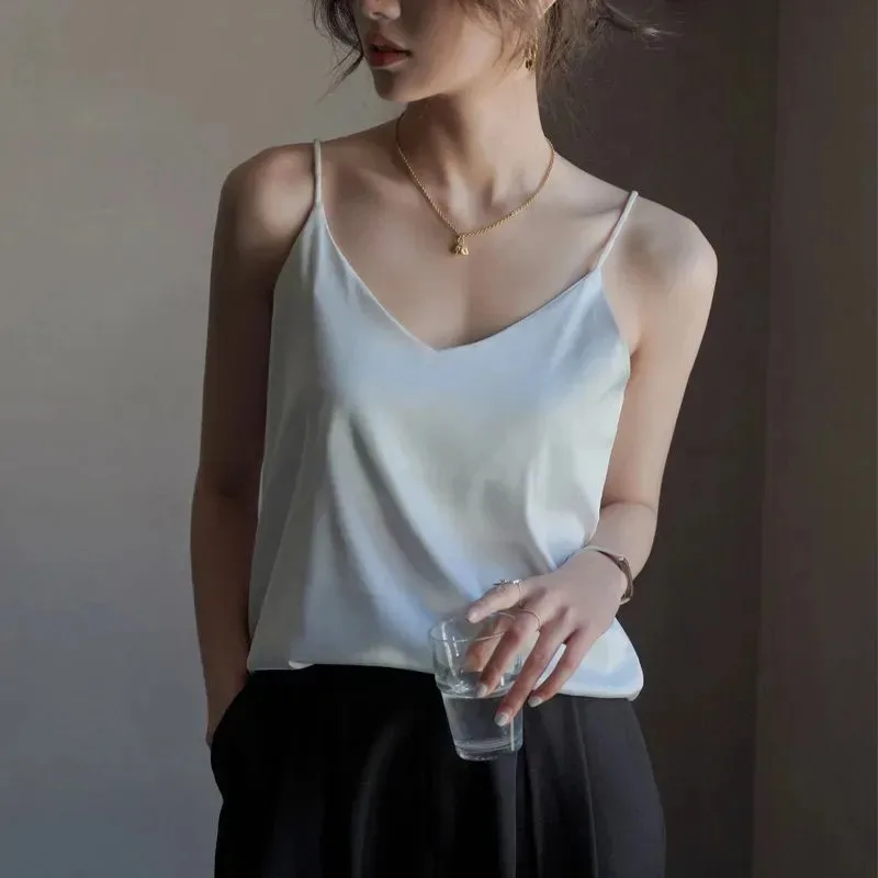 Summer Faux Satin Silk Camisole Slim Vest Sexy Women Sleeveless V-Neck Tee Tank Tops Female Solid Black/White Korean Crop Tops
Summer Faux Satin Silk Camisole Slim Vest Sexy Women Sleeveless V-Neck Tee Tank Tops Female Solid Black/White Korean Crop Tops