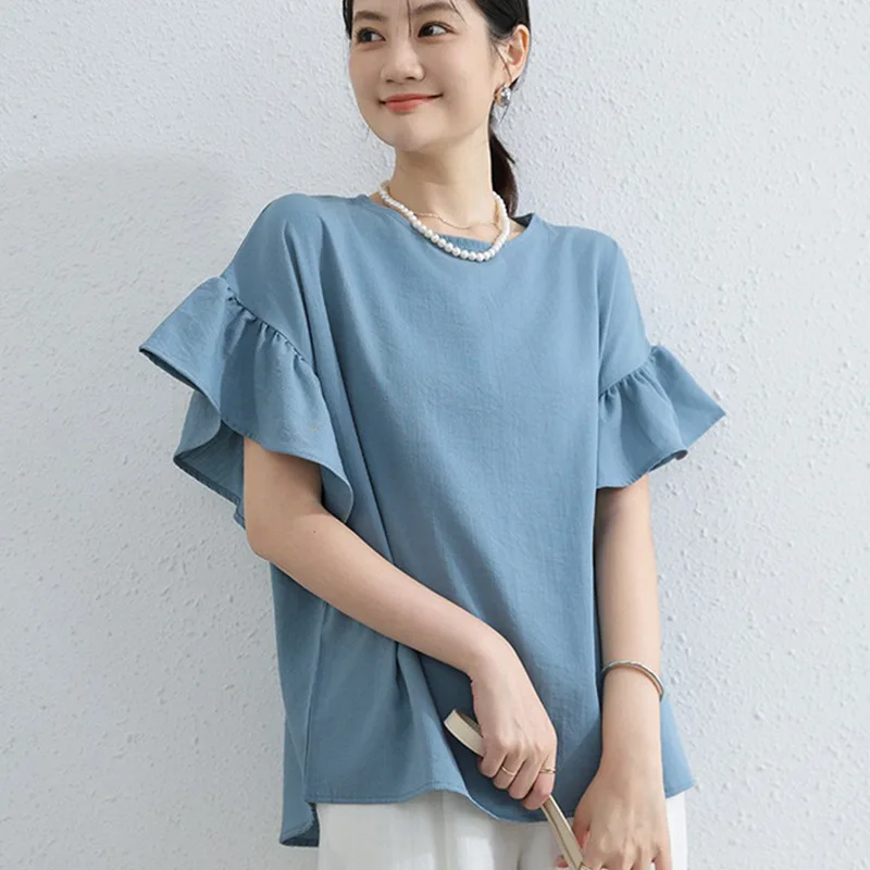 Fresh and pastoral style comfortable linen and cotton sky blue women's bell-sleeve short-sleeve loose top for spring and summer
Fresh and pastoral style comfortable linen and cotton sky blue women's bell-sleeve short-sleeve loose top for spring and summer