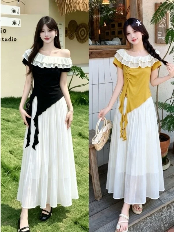 Sweet Summer Short Sleeve Ruffle Collar Design plus Size Conceal Meat Slimming Top Half Skirt Two Piece Set for plus Size Women
Sweet Summer Short Sleeve Ruffle Collar Design plus Size Conceal Meat Slimming Top Half Skirt Two Piece Set for plus Size Women