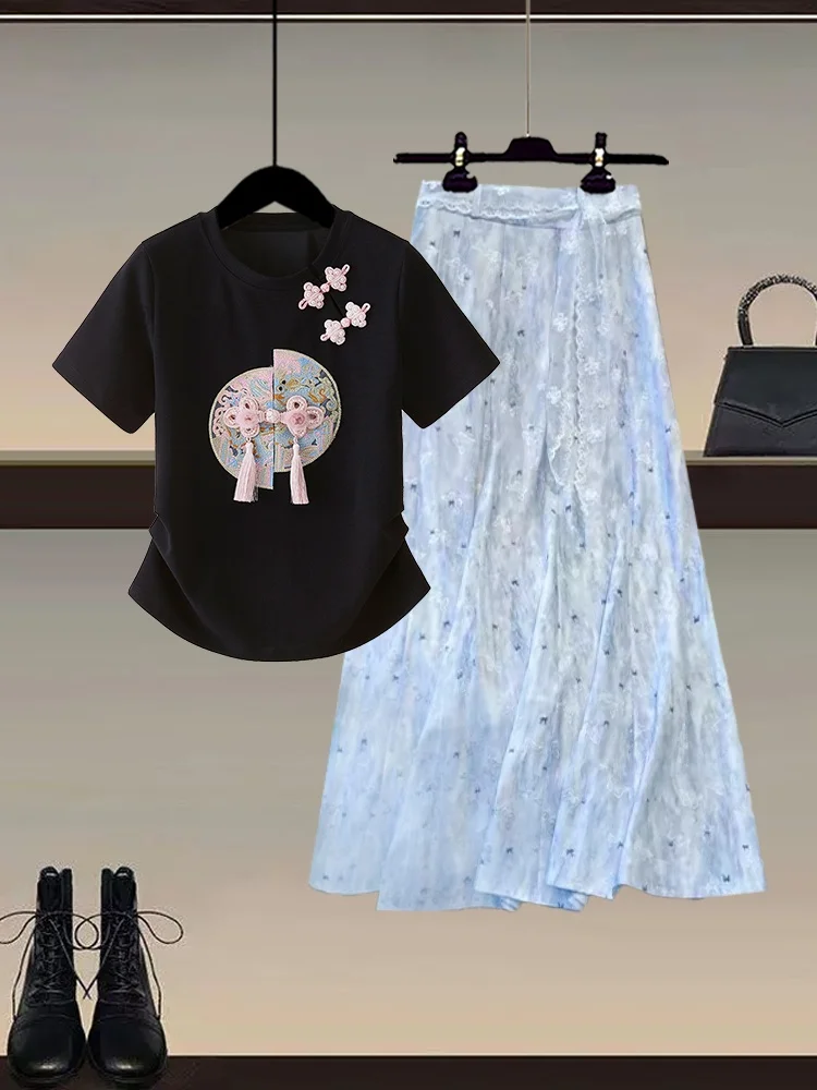 New Chinese Style Fashion Design Button Slimming Short Sleeve Top High Waist Skirt Two Piece Set Traditional round Neck Suit
New Chinese Style Fashion Design Button Slimming Short Sleeve Top High Waist Skirt Two Piece Set Traditional round Neck Suit