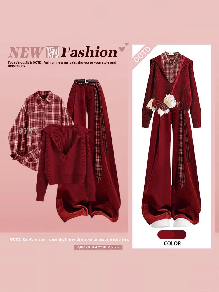 Red Hooded Sweater Plaid Shirt Wide Leg Pants Three Piece Set for Women Winter New Year Lucky Year Atmosphere Sensation Large...
Red Hooded Sweater Plaid Shirt Wide Leg Pants Three Piece Set for Women Winter New Year Lucky Year Atmosphere Sensation Large...