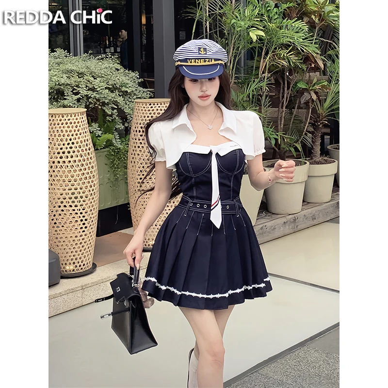 ReddaChic Korea Women Denim Dress Shrug Jacket Set Tie Pleated Belted Corset Mini Dress Puff Sleeves Cardigan School Uniform 
ReddaChic Korea Women Denim Dress Shrug Jacket Set Tie Pleated Belted Corset Mini Dress Puff Sleeves Cardigan School Uniform