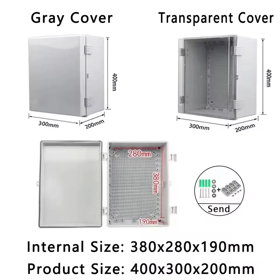 400x300x200mm IP66 Waterproof Gray/Transparent Cover Enclosure Junction Box ABS Plastic Outdoor Electronic Instrument Hinge Box
400x300x200mm IP66 Waterproof Gray/Transparent Cover Enclosure Junction Box ABS Plastic Outdoor Electronic Instrument Hinge Box