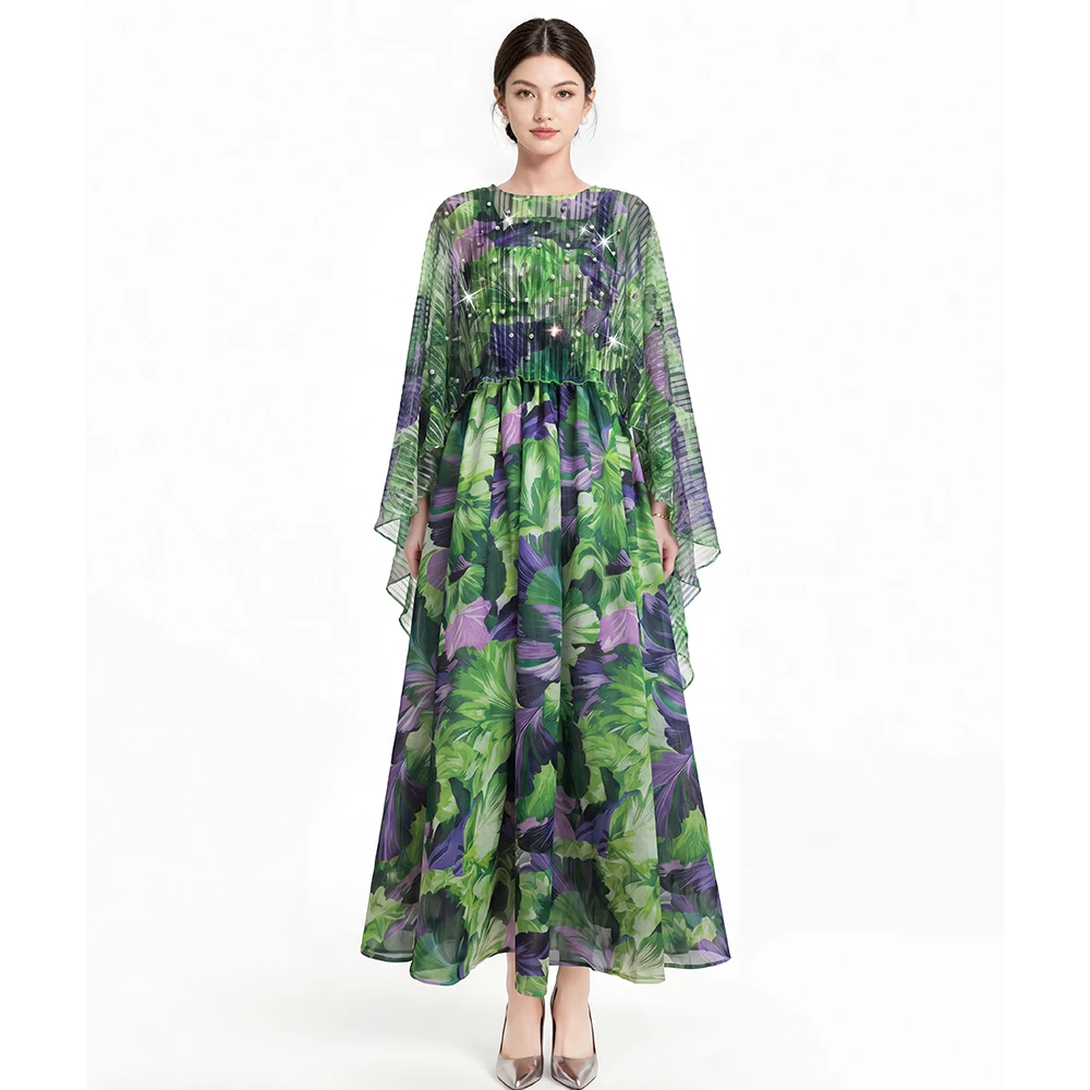 Fashion Green Leaf Print Cape & Dress Set, Sheer Beaded Pleated Cape with Matching Maxi for Summer Festivals
Fashion Green Leaf Print Cape & Dress Set, Sheer Beaded Pleated Cape with Matching Maxi for Summer Festivals