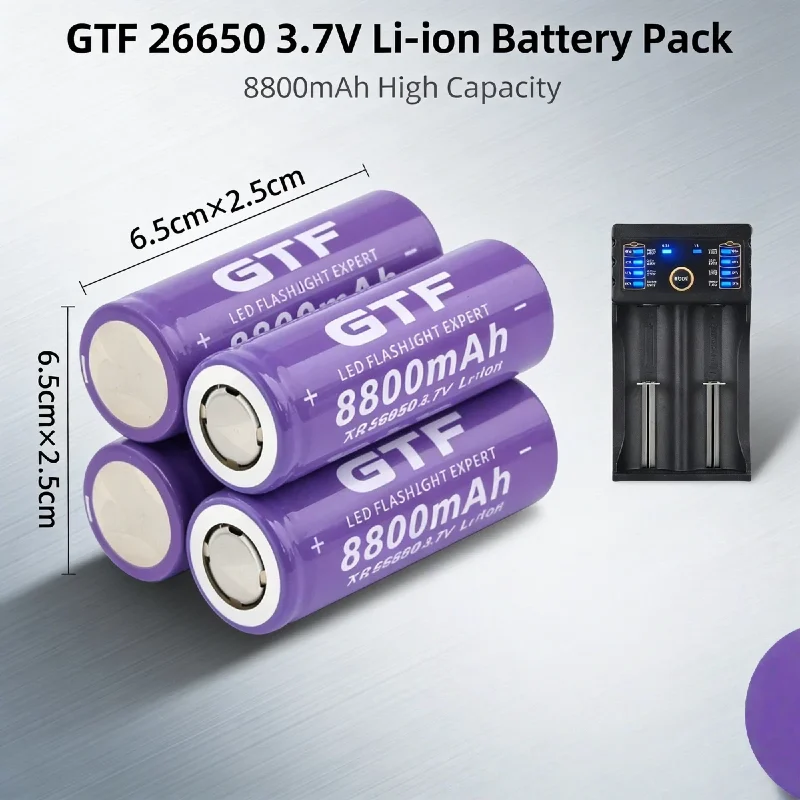 26650 8800mAh 3.7V High Capacity Rechargeable Lithium Ion Battery for LED Flashlights with Charger Included
26650 8800mAh 3.7V High Capacity Rechargeable Lithium Ion Battery for LED Flashlights with Charger Included