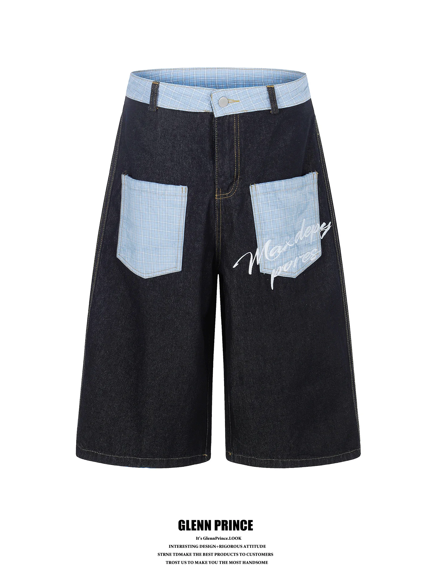 Retro Plaid Splicing Embroidered Denim Jeans Men's Design Straight Neutral Style Shorts mid Waist Cotton Polyester Blend
Retro Plaid Splicing Embroidered Denim Jeans Men's Design Straight Neutral Style Shorts mid Waist Cotton Polyester Blend