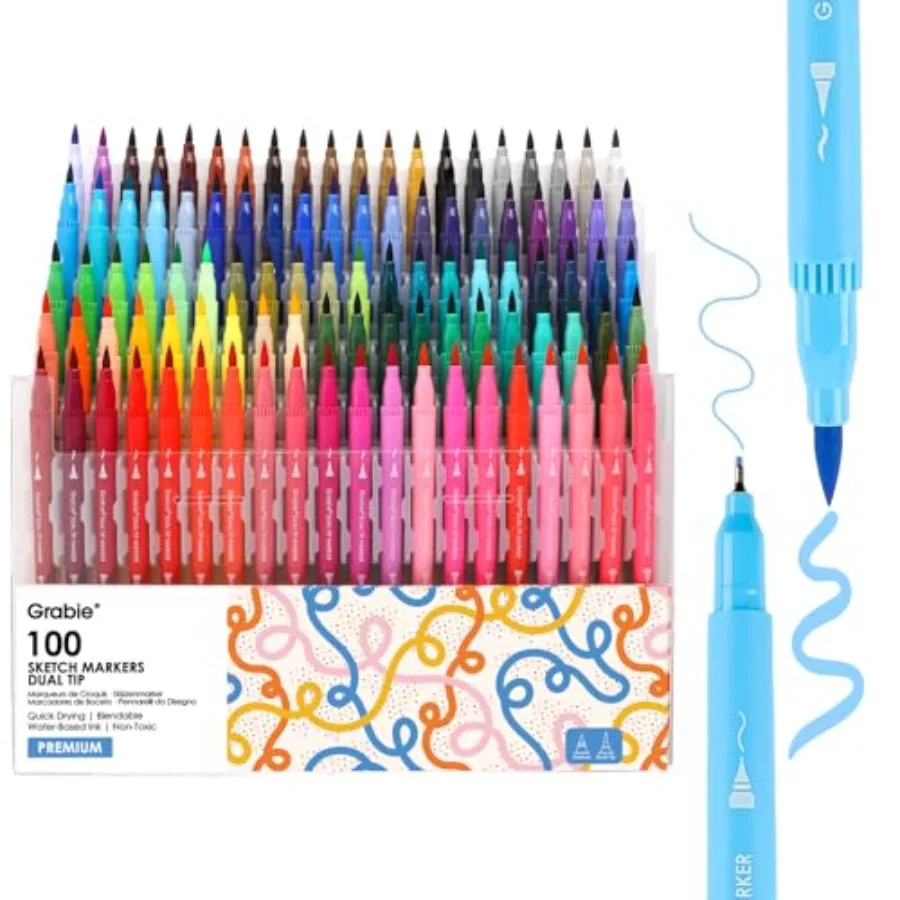 Dual Tip Water-Based Sketch Marker Set of 100 Fineliner and Brush Drawing Pens Brush Marker Pens 100 Colored Markers for Adult
Dual Tip Water-Based Sketch Marker Set of 100 Fineliner and Brush Drawing Pens Brush Marker Pens 100 Colored Markers for Adult