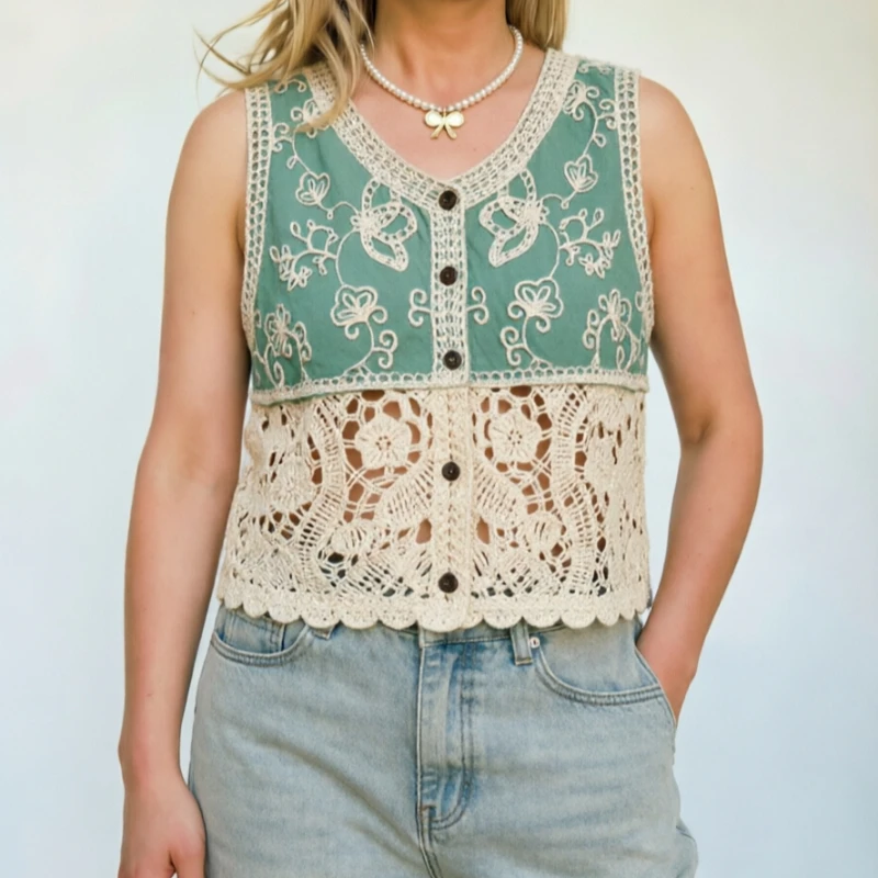 Women's Embroidered Vest Lace Patchwork Button Down Waistcoat Floral Open-work Knit Sleeveless Crop Top Boho Cottagecore
Women's Embroidered Vest Lace Patchwork Button Down Waistcoat Floral Open-work Knit Sleeveless Crop Top Boho Cottagecore