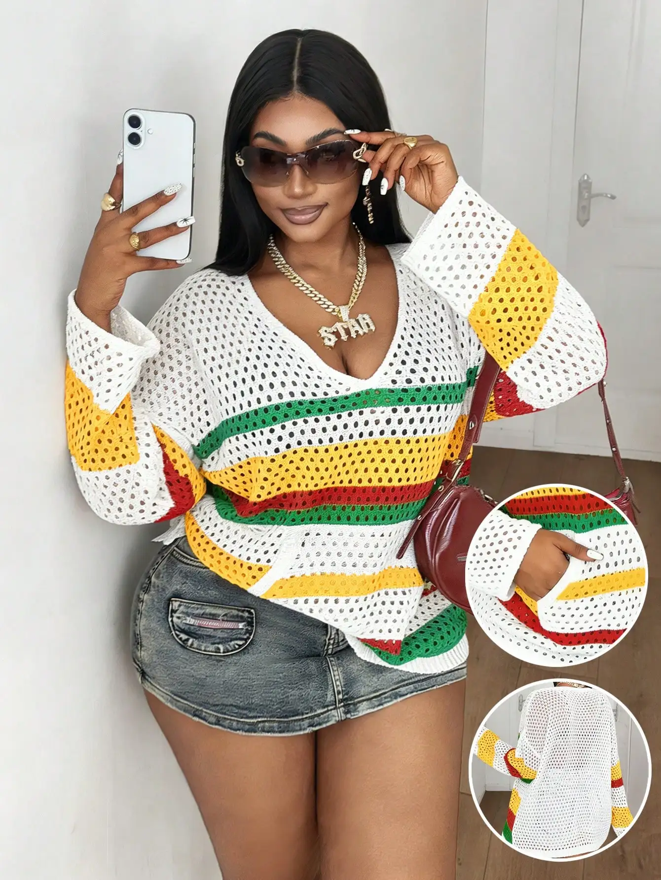 Womens V-Neck Loose Crochet Top With Rainbow Stripes, Hollow Knit, Drop Shoulder, Front Pocket, Plus Size
Womens V-Neck Loose Crochet Top With Rainbow Stripes, Hollow Knit, Drop Shoulder, Front Pocket, Plus Size